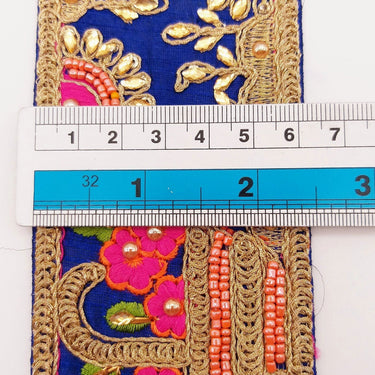 Royal Blue Art Silk Fabric Trim With Green, Orange, Pink And Gold Floral Embroidery